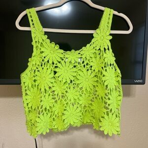 Neon Lime Crochet Floral Crop Tank Top - Women